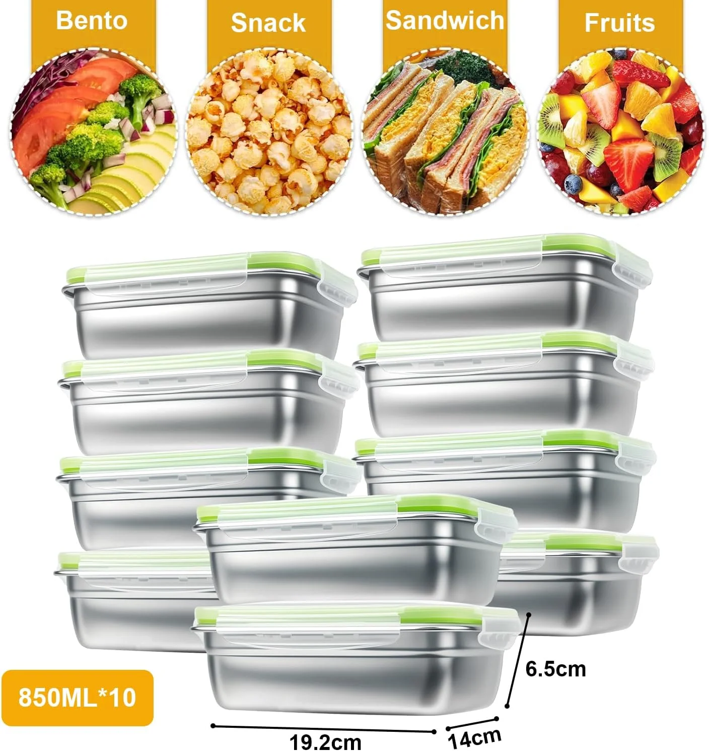 ظروف نگهداری غذا سایمت، بسته 10 عددی، استیل ضد زنگ 304 با درب (850 میلی لیتر) - ضد هوا، قابل چیدن روی هم و تودرتو، مناسب آماده سازی غذا، ظرف غذا، قابل استفاده در فر/ماشین ظرفشویی/فریزر