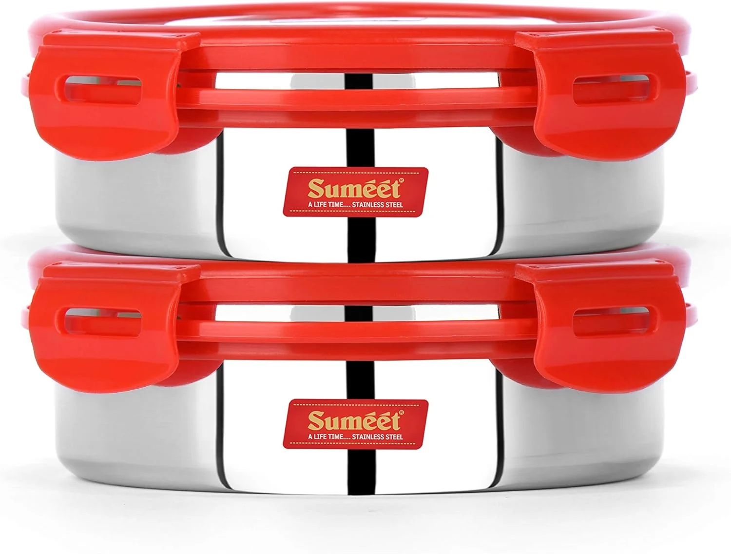 ظروف استیل ضد هوا و ضد نشت Sumeet Steelexo با درب استیل - سایز 600 میلی لیتر - ست 2 عددی - قرمز