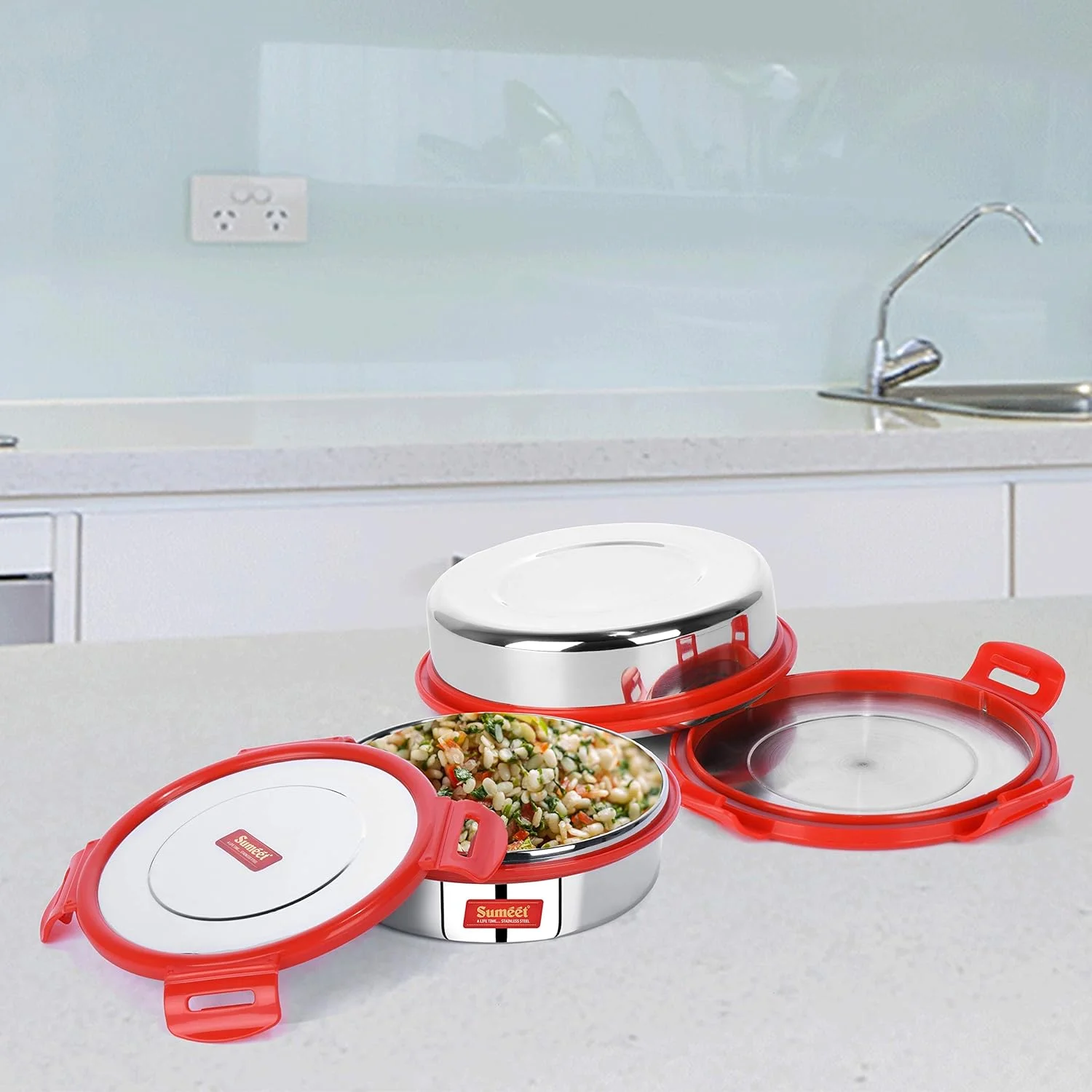 ظروف استیل ضد هوا و ضد نشت Sumeet Steelexo با درب استیل - سایز 600 میلی لیتر - ست 2 عددی - قرمز