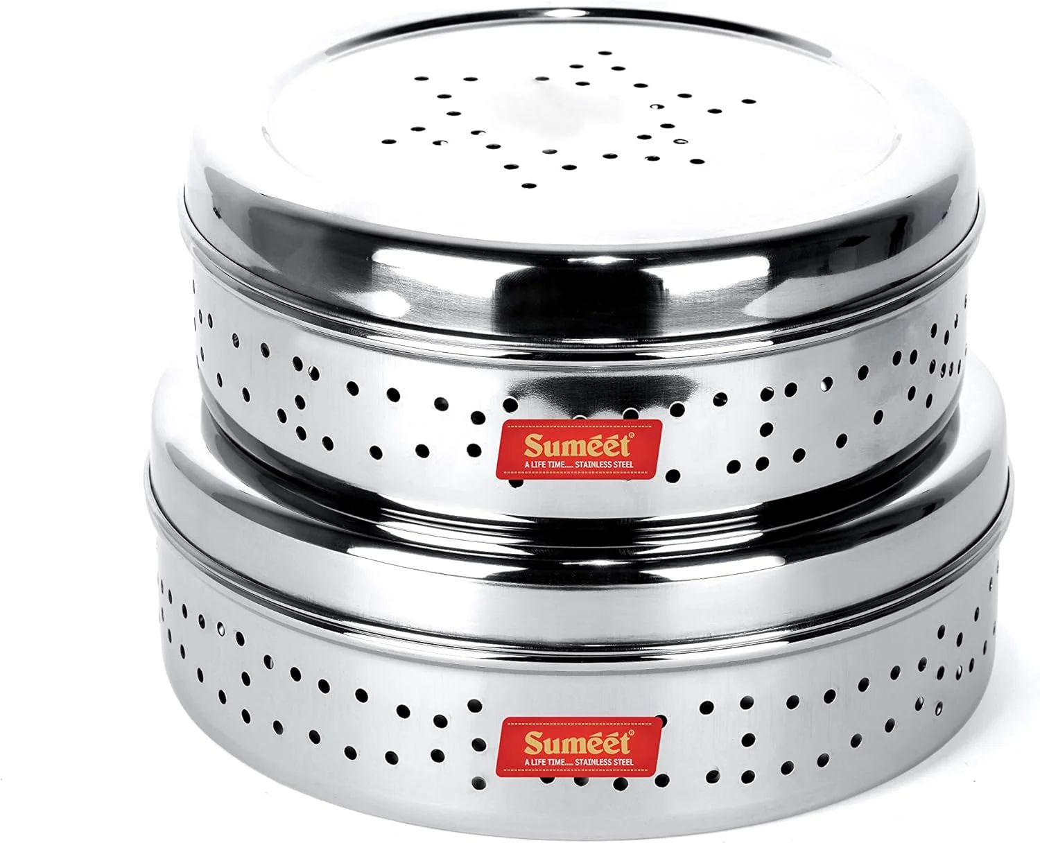 ست 2 عددی قوطی های استیل سوراخ دار پوری/ظروف تخت با تهویه هوا سومیت، سایز شماره 11- قطر 18.5 سانتی متر، شماره 12- قطر 20.4 سانتی متر