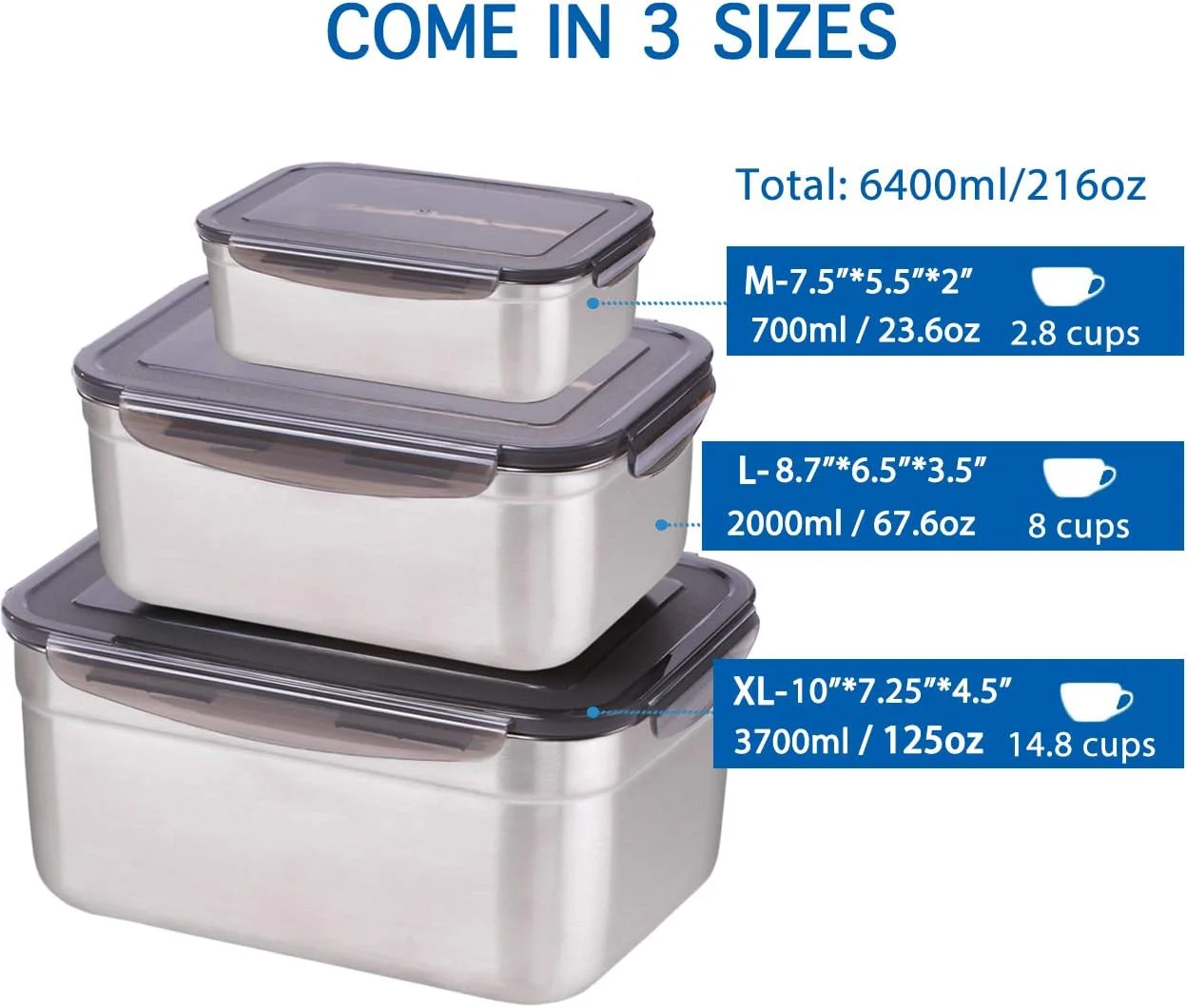 ظرف غذای بزرگ استیل سومرفلوس - ست 3 عددی (ظرفیت کل: 6400 میلی لیتر) - ست ظروف نگهداری قابل استفاده مجدد با درب های ضد نشت - برای کیمچی، میوه، سالاد، پیک نیک در فضای باز