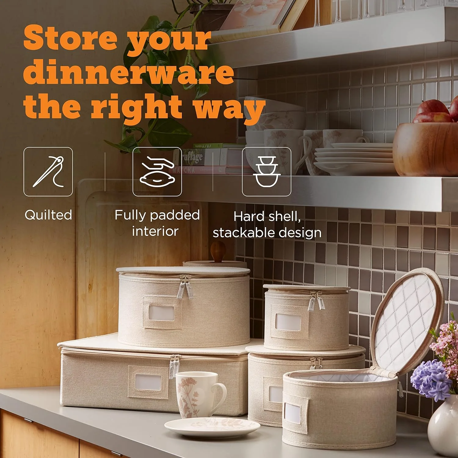 ست ظروف چینی StorageLAB، بدنه سخت و قابل چیدن، برای نگهداری و حمل ظروف غذاخوری، محافظت از بشقاب ها، فنجان ها و لیوان ها، دارای جداکننده های نمدی بشقاب (کرم، ست 5 تکه لحافی برای نگهداری ظروف چینی)