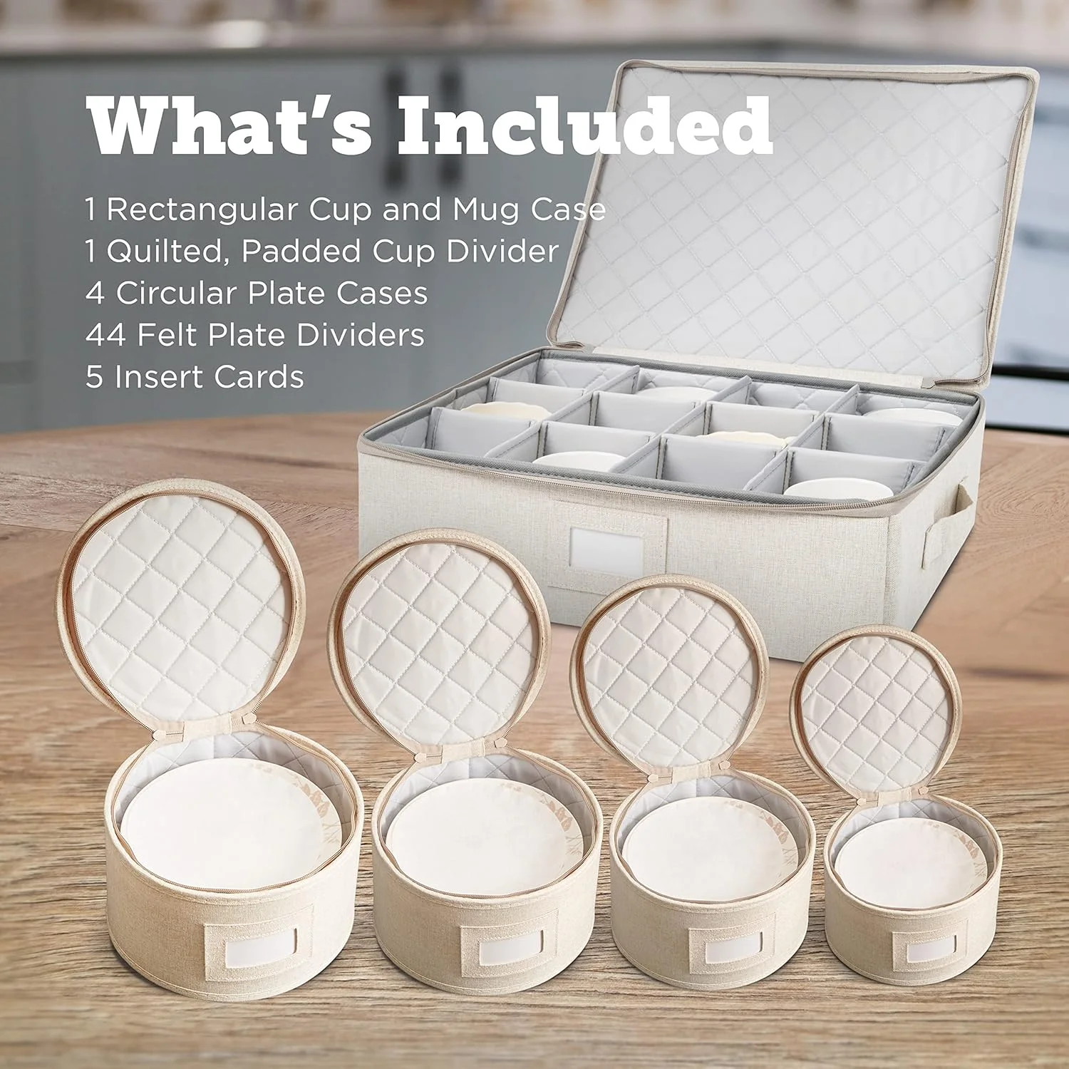 ست ظروف چینی StorageLAB، بدنه سخت و قابل چیدن، برای نگهداری و حمل ظروف غذاخوری، محافظت از بشقاب ها، فنجان ها و لیوان ها، دارای جداکننده های نمدی بشقاب (کرم، ست 5 تکه لحافی برای نگهداری ظروف چینی)