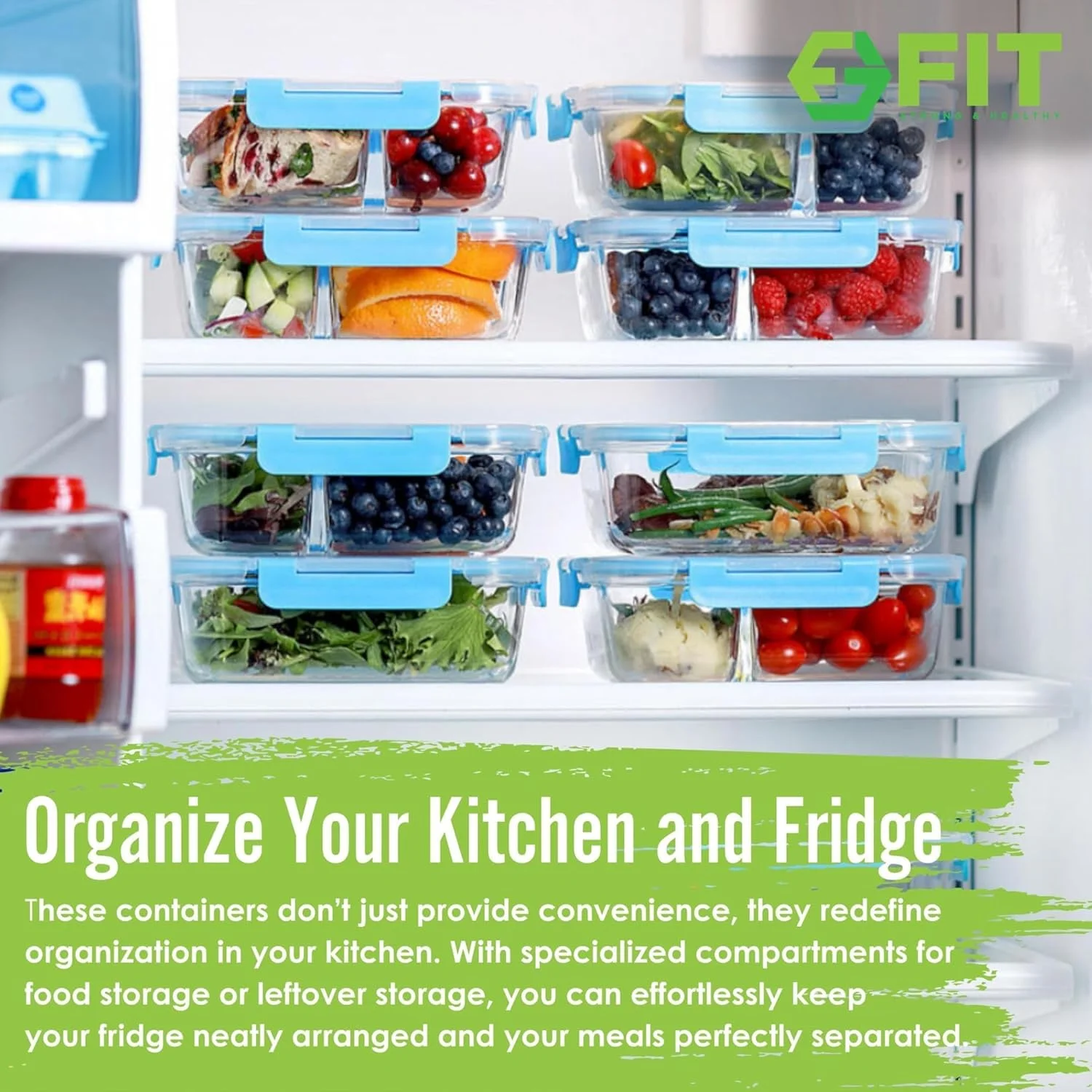 ظروف آماده سازی غذا فیت استرانگ اند هلثی - جعبه بنتو شیشه ای 3 قسمتی (بسته 4 عددی، 946 میلی لیتر) - ضد هوا، قابل استفاده در فر، کنترل وعده