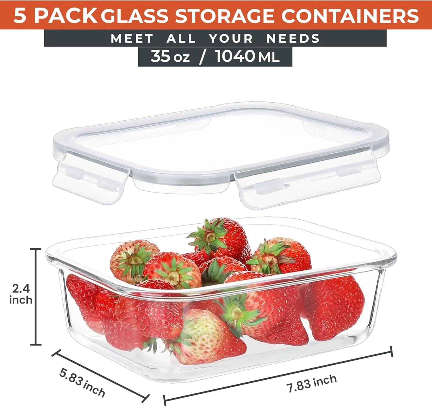 |5 Pack, 1040ML| Glass Food Storage Containers,Meal Prep Containers for Kitchen Containers &Storage- Lunch Container,Hermetic Storage box with Lids Safe for Oven& Freezer, حافظات طعام زجاج