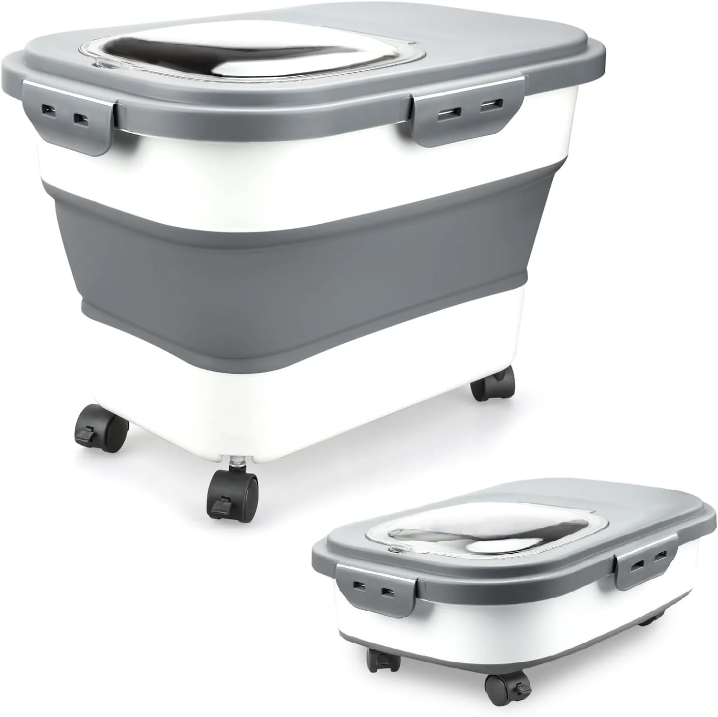 Rice Storage Containers, Collapsible 10 to 15kg Food Storage Bin Dispenser with Rolling Wheel and Clear Airtight Lid, BPA Free Flour, Sugar, Cereal and Dog Cat Pet food Containers