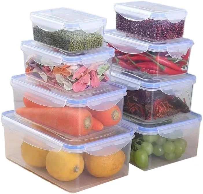 ظروف نگهداری مواد غذایی با درب های محکم، ست 4 تکه، مستطیل، پلاستیک شفاف، قابل چیدن