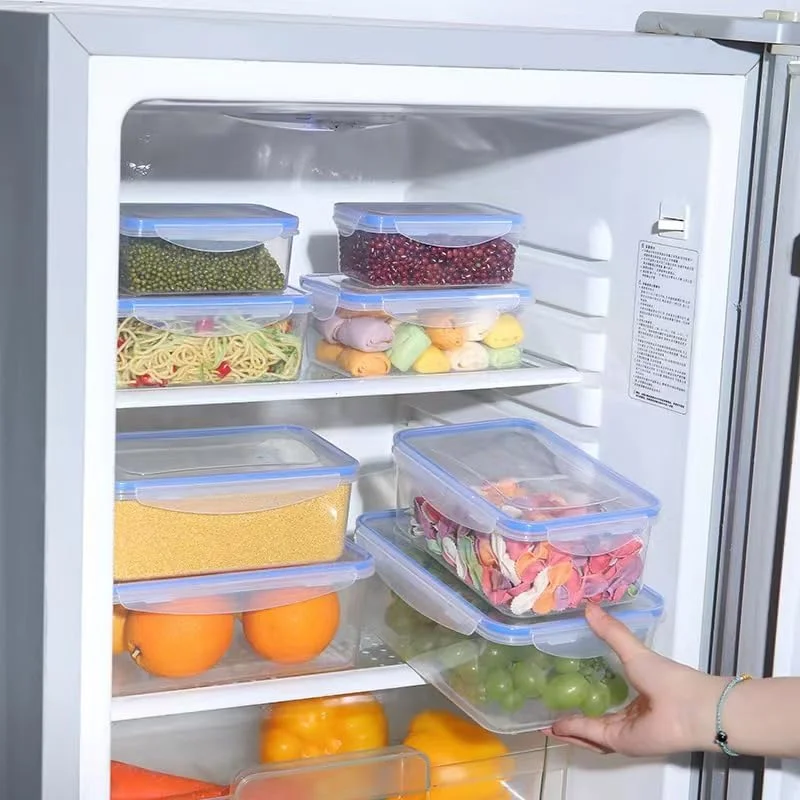 ظروف نگهداری مواد غذایی با درب های محکم، ست 4 تکه، مستطیل، پلاستیک شفاف، قابل چیدن