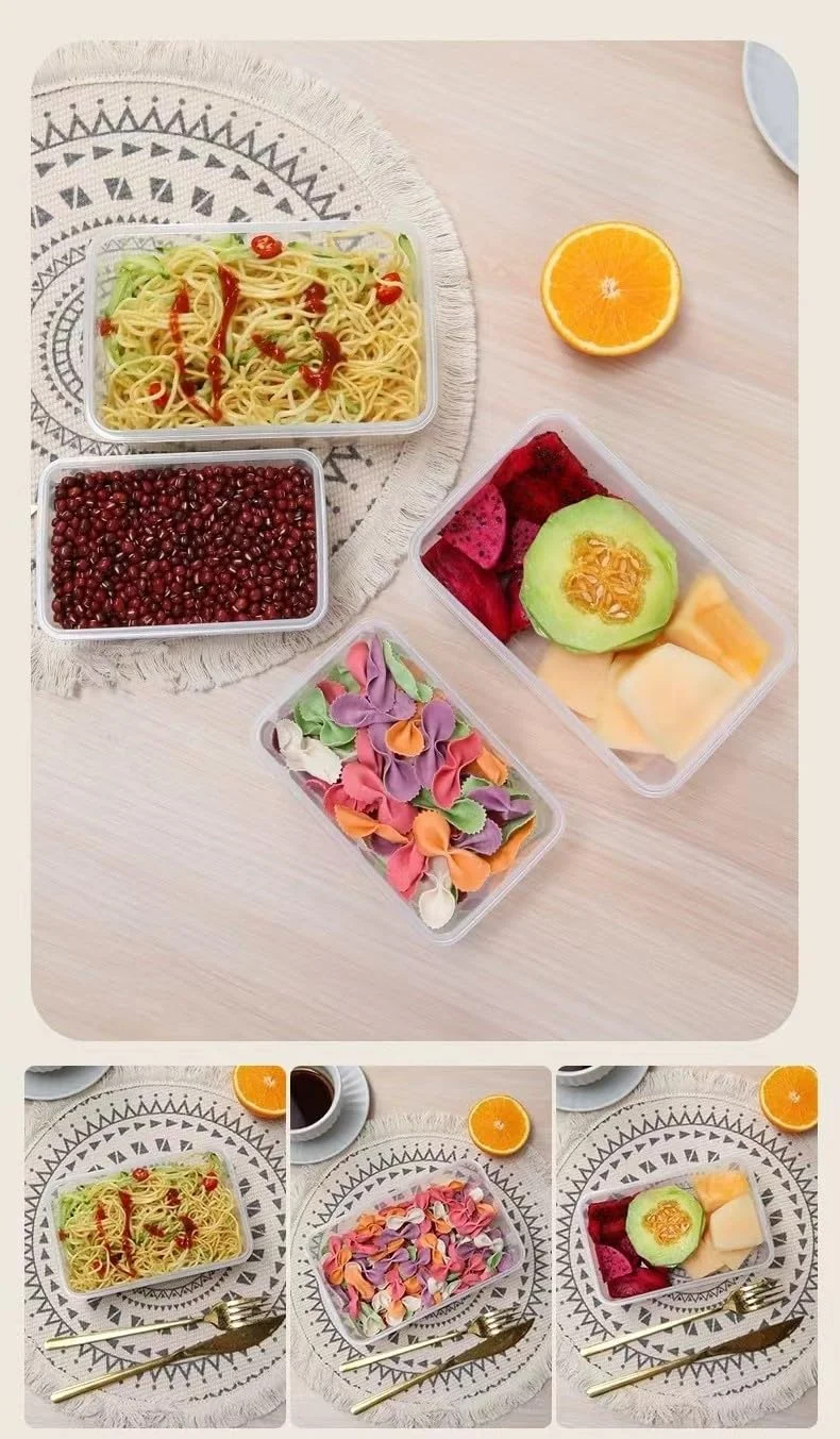 ظروف نگهداری مواد غذایی با درب های محکم، ست 4 تکه، مستطیل، پلاستیک شفاف، قابل چیدن