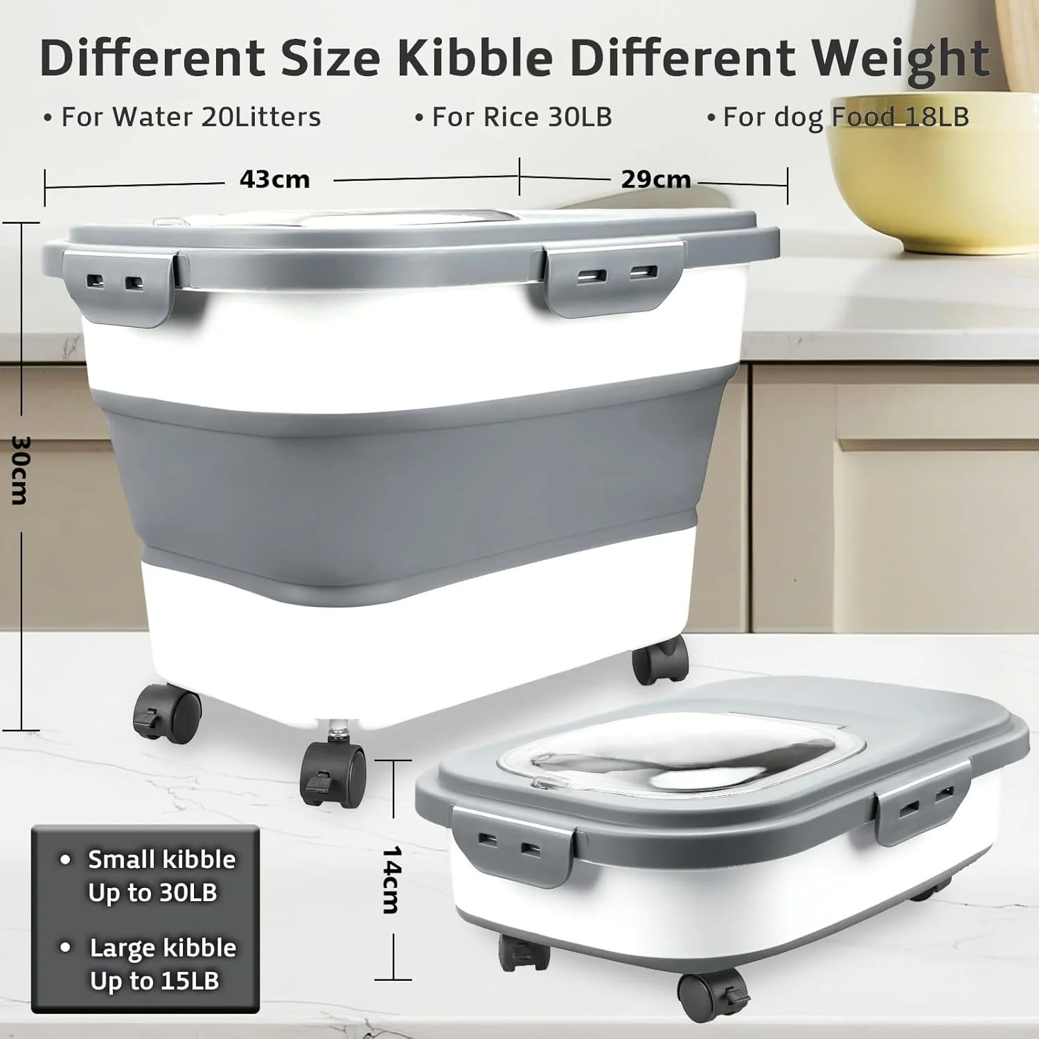 Rice Storage Containers, Collapsible 10 to 15kg Food Storage Bin Dispenser with Rolling Wheel and Clear Airtight Lid, BPA Free Flour, Sugar, Cereal and Dog Cat Pet food Containers