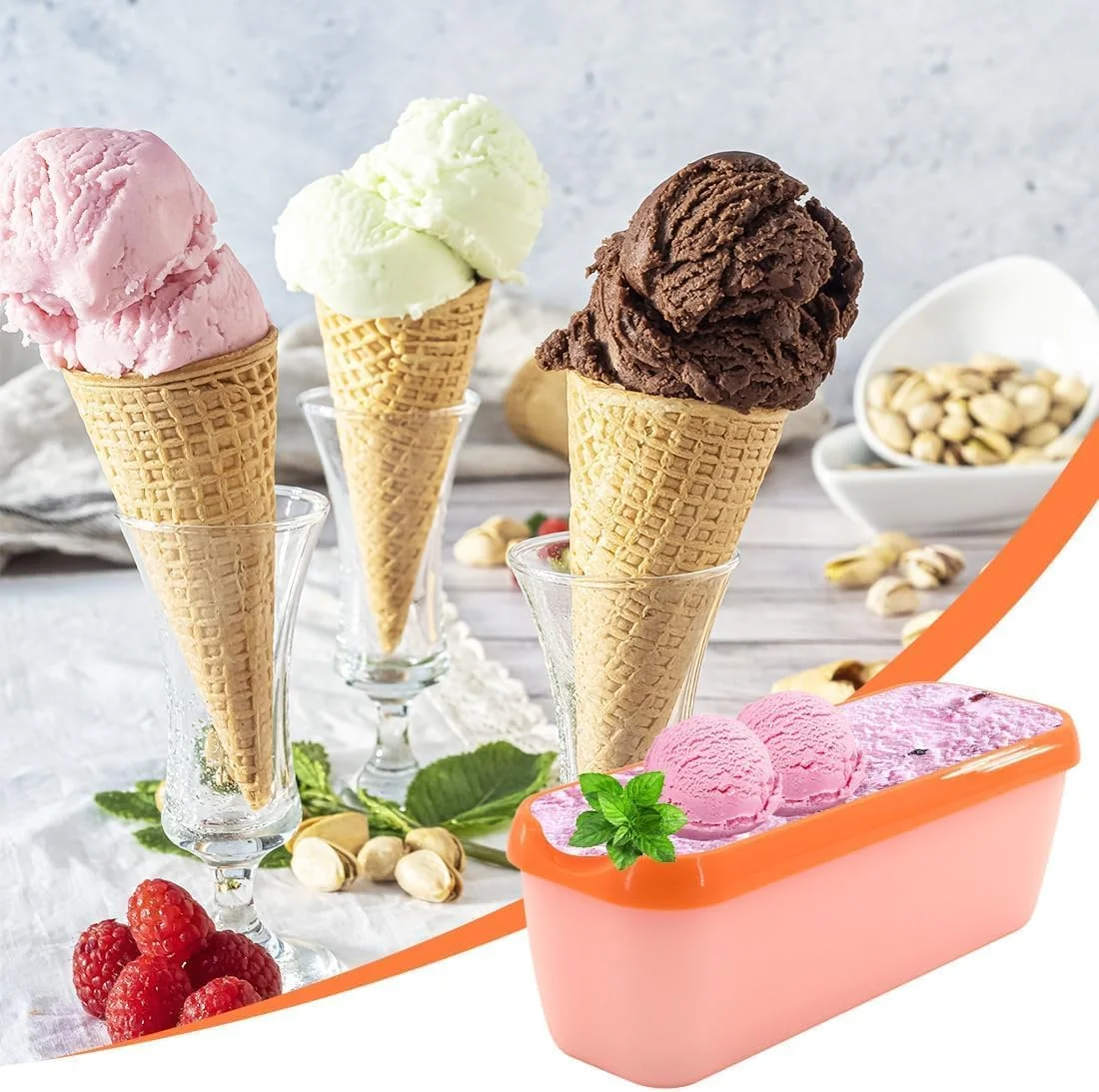 ظروف نگهداری بستنی، ظرفیت 1.5 لیتر، بدون BPA، ست 2 عددی، نارنجی و بنفش ظروف نگهداری بستنی، ظرفیت 1.5 لیتر، بدون BPA، ست 2 عددی، نارنجی و بنفش