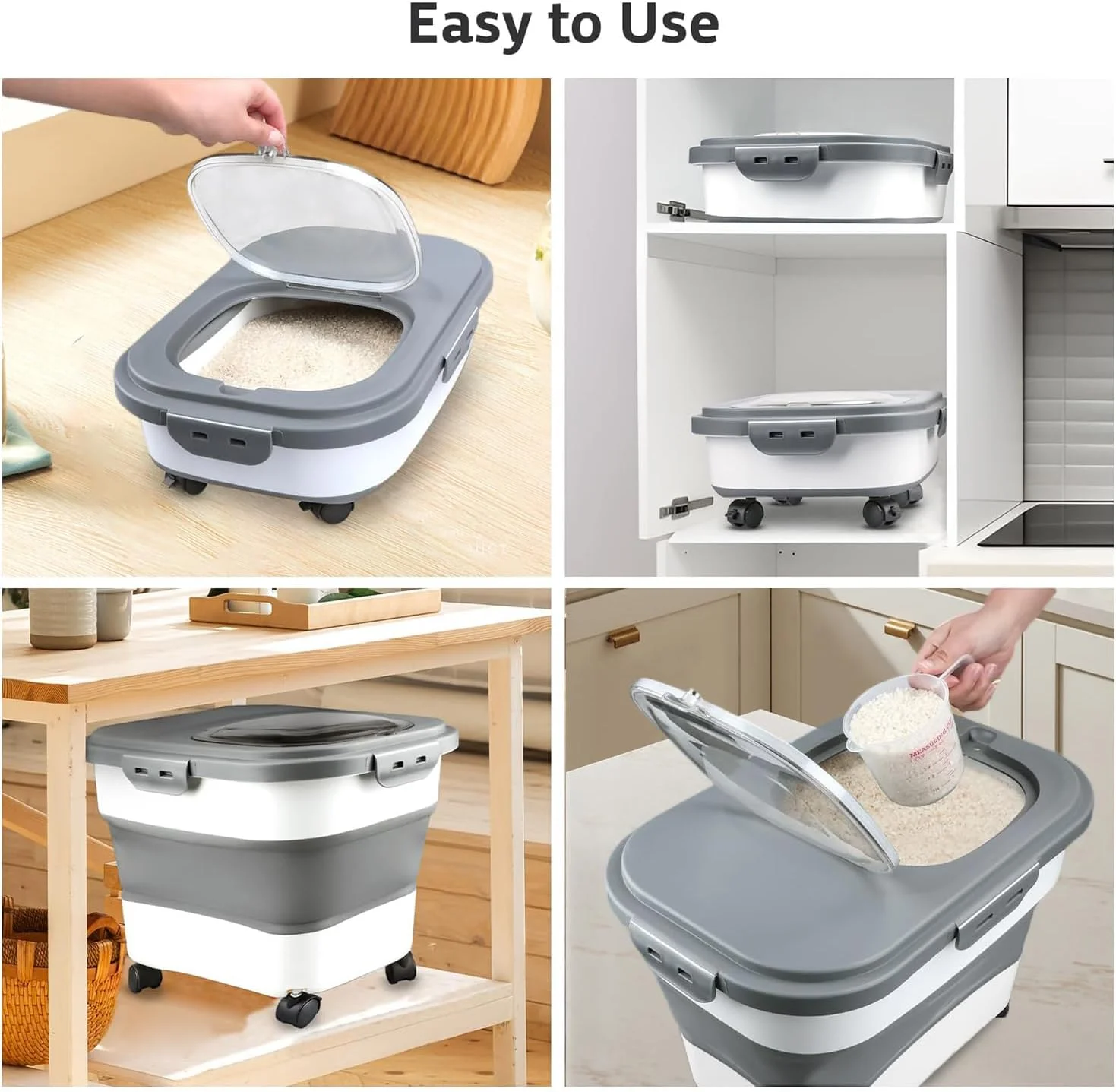 Rice Storage Containers, Collapsible 10 to 15kg Food Storage Bin Dispenser with Rolling Wheel and Clear Airtight Lid, BPA Free Flour, Sugar, Cereal and Dog Cat Pet food Containers