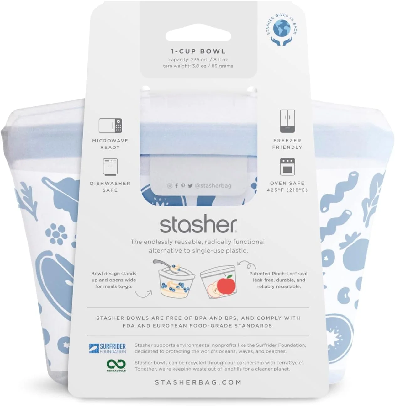 کیسه سیلیکونی قابل استفاده مجدد استشر، کاسه 1 پیمانه (شفاف) | ظرف نگهداری آماده سازی غذا | ناهار، مسافرت، لوازم آرایش، کیف باشگاه | ایمن برای فریزر، فر، مایکروویو، ماشین ظرفشویی، ضد نشت