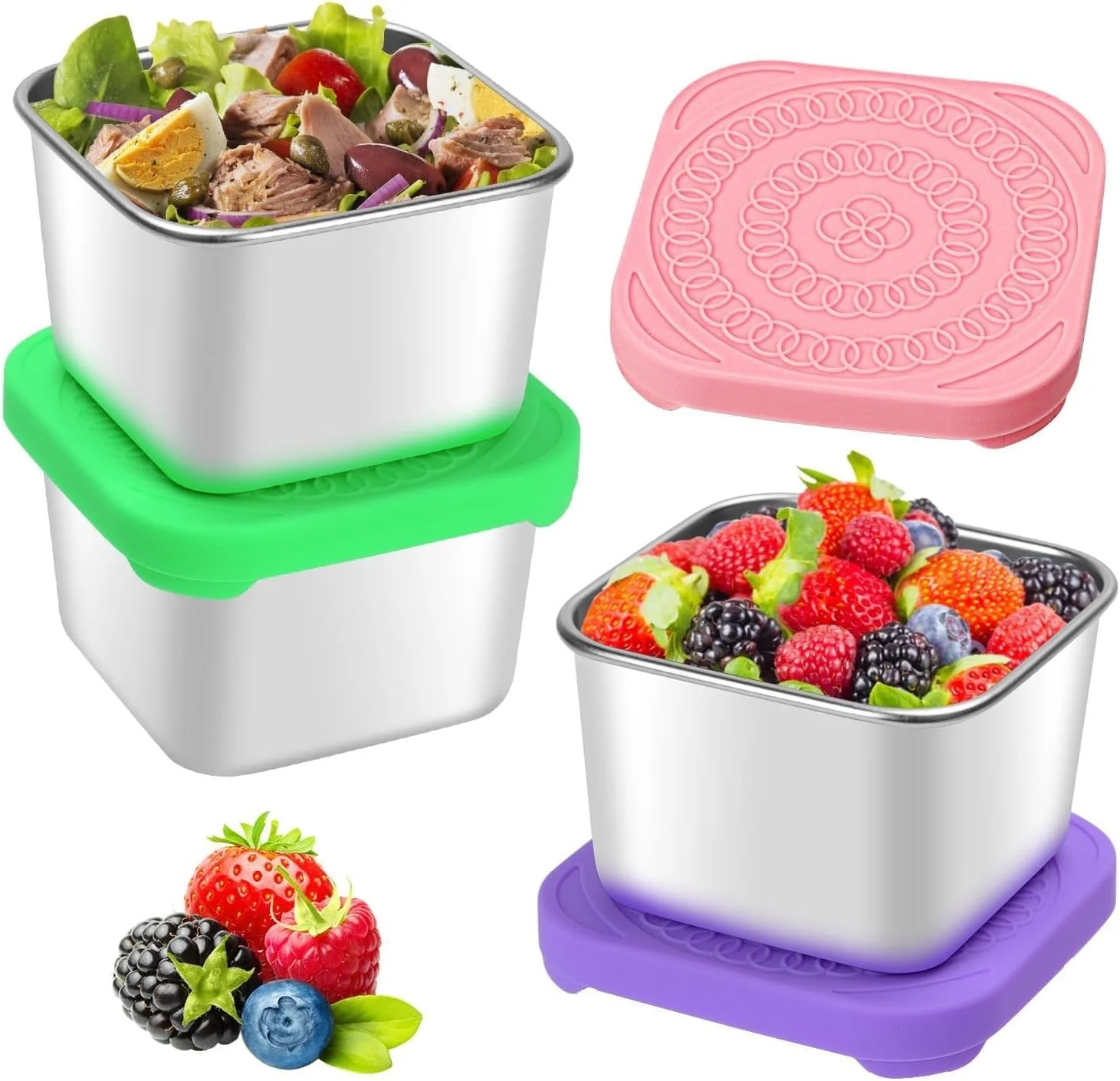 ست 3 عددی ظرف غذای استیل 177 میلی لیتری، جعبه ناهار فلزی کوچک، ضد نشت، مربعی، استیل 304