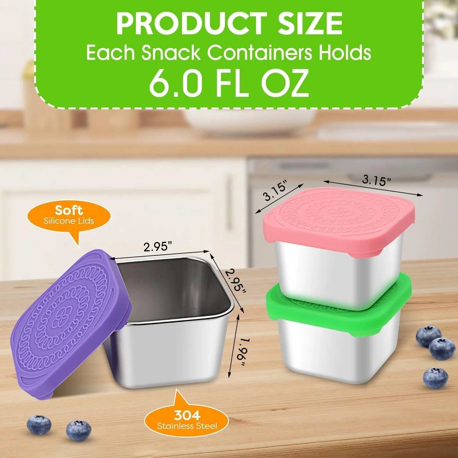 ست 3 عددی ظرف غذای استیل 177 میلی لیتری، جعبه ناهار فلزی کوچک، ضد نشت، مربعی، استیل 304