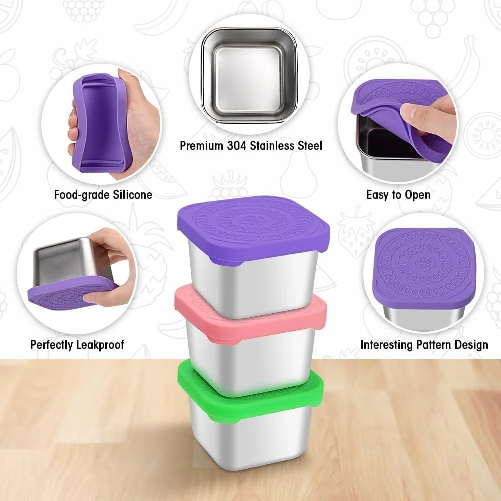 ست 3 عددی ظرف غذای استیل 177 میلی لیتری، جعبه ناهار فلزی کوچک، ضد نشت، مربعی، استیل 304