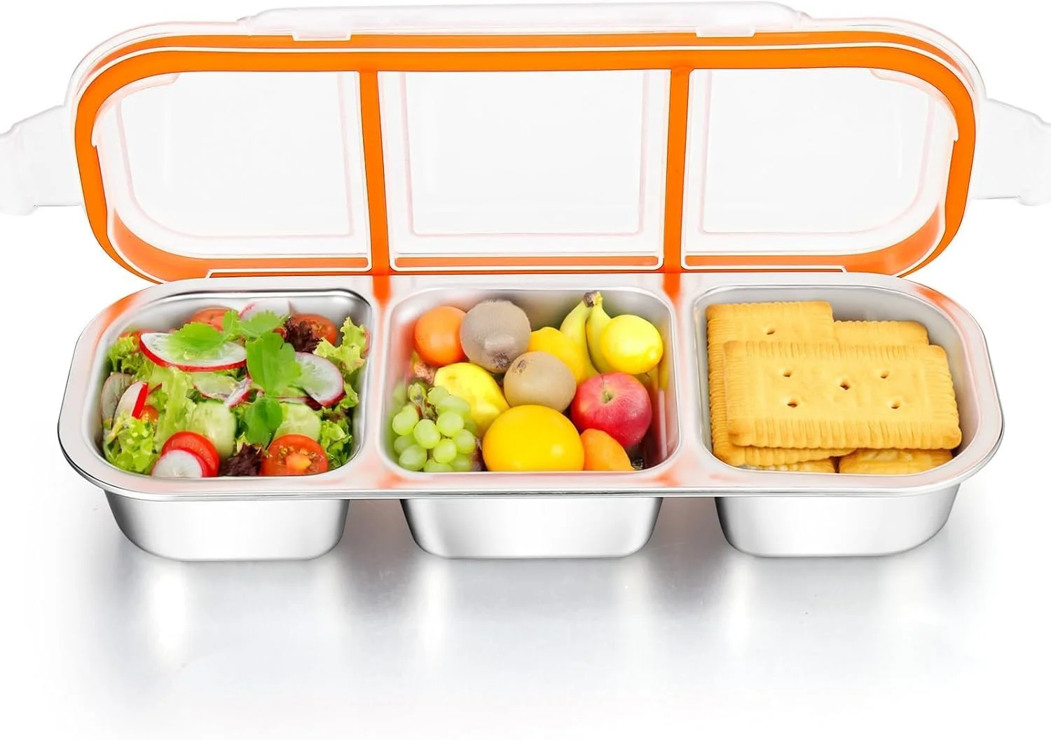 ظروف استیل ضد زنگ اسنک، جعبه چاشنی قابل استفاده مجدد با درب، فنجان سس 3 یا 2 قسمتی، ظروف ذخیره سازی مواد غذایی تقسیم شده برای مدرسه، خانه، مسافرت (3 قسمتی)