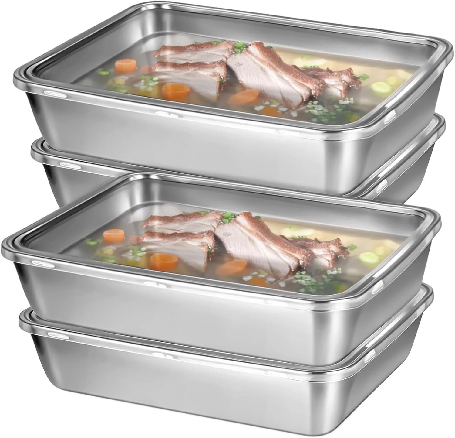ست 4 عددی ظروف استیل ضد زنگ با درب شفاف، ظرف نگهداری مواد غذایی تازه، ظرف نگهداری گوشت سرد برای یخچال، جعبه های نگهداری تنقلات قابل چیدن برای پیک نیک، مهمانی باربیکیو، مسافرت، قابل استفاده در فریزر و ماشین ظرفشویی