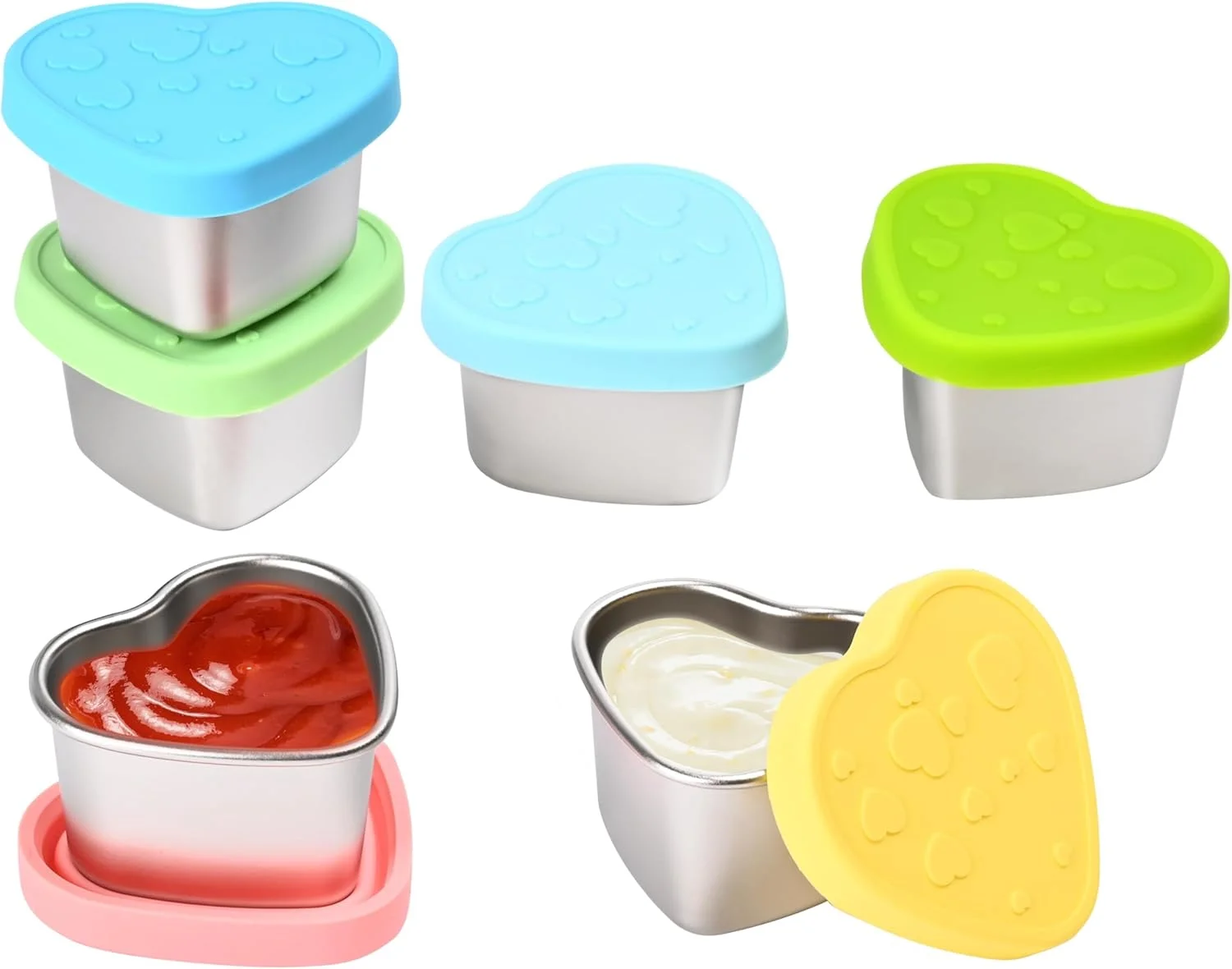 ظرف سس استیل ضد زنگ، ظرف سس سالاد بیرون بر، ظروف چاشنی کوچک با درب های سیلیکونی ضد نشت، فنجان سس کودکانه طرح قلب، ظروف سس کوچک قابل استفاده مجدد، 60 میلی لیتر، 6 عدد