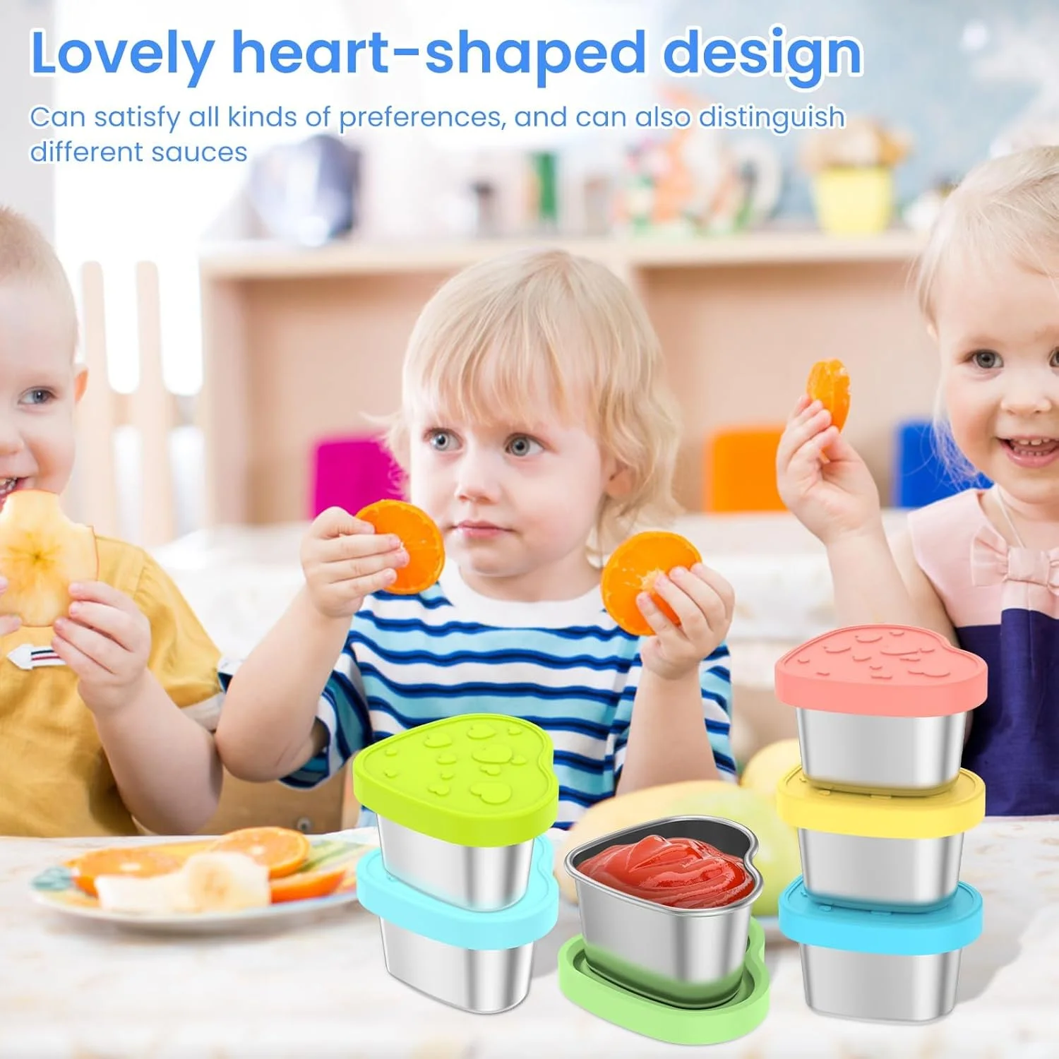 ظرف سس استیل ضد زنگ، ظرف سس سالاد بیرون بر، ظروف چاشنی کوچک با درب های سیلیکونی ضد نشت، فنجان سس کودکانه طرح قلب، ظروف سس کوچک قابل استفاده مجدد، 60 میلی لیتر، 6 عدد