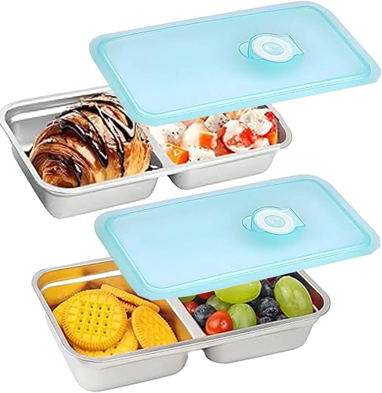 ست 2 عددی ظروف استیل دو قسمتی برای اسنک، ظروف اسنک قابل حمل و استفاده مجدد، ظروف نگهداری مواد غذایی ضد نشت و هوا (آبی، 2 عدد)