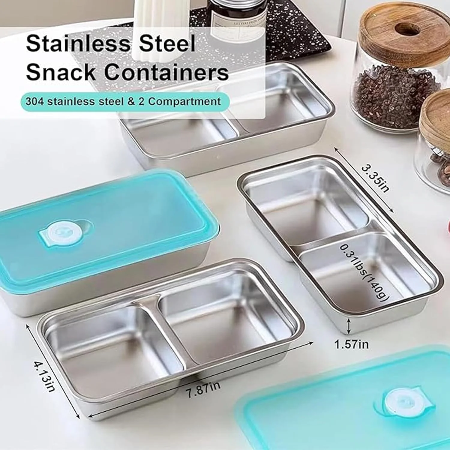 ست 2 عددی ظروف استیل دو قسمتی برای اسنک، ظروف اسنک قابل حمل و استفاده مجدد، ظروف نگهداری مواد غذایی ضد نشت و هوا (آبی، 2 عدد)
