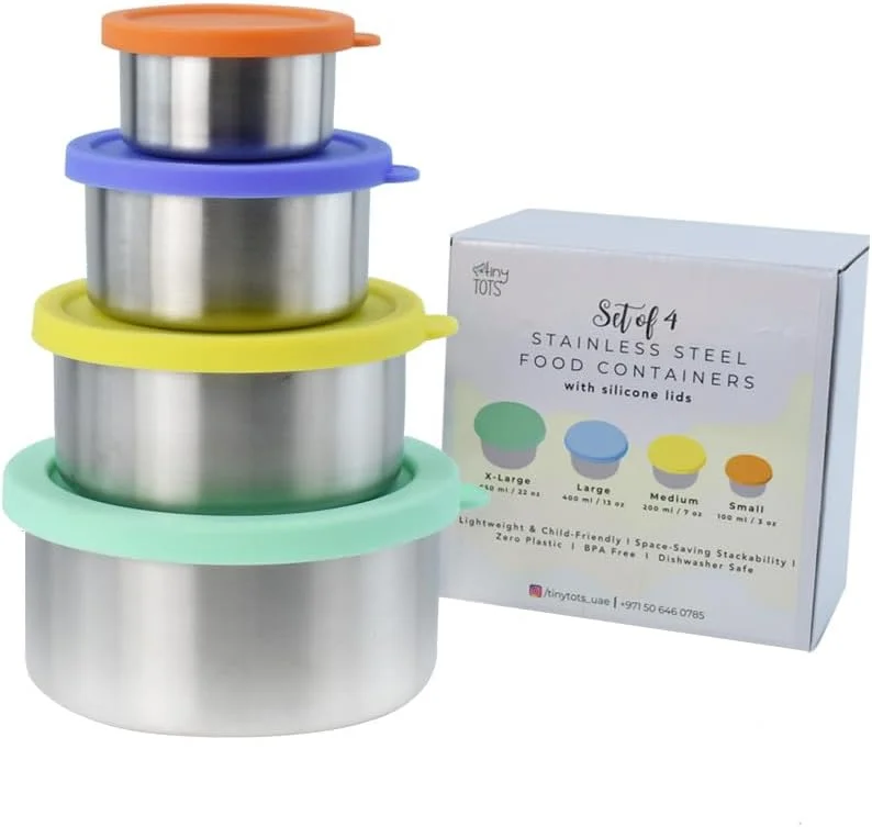ظروف استیل اسنک، درب های سیلیکونی ضد نشت با باز کردن آسان، جعبه ناهار قابل چیدن برای کودکان نوپا، آماده سازی غذا، ظروف اسنک قابل استفاده مجدد برای کودکان و بزرگسالان - مجموعه 4 عددی: 3oz، 7oz، 13oz، 22oz