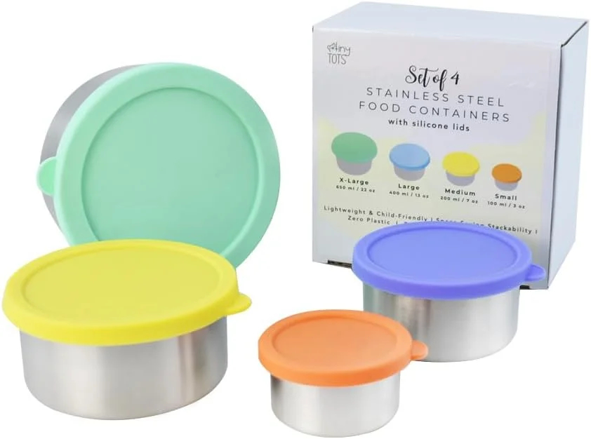 ظروف استیل اسنک، درب های سیلیکونی ضد نشت با باز کردن آسان، جعبه ناهار قابل چیدن برای کودکان نوپا، آماده سازی غذا، ظروف اسنک قابل استفاده مجدد برای کودکان و بزرگسالان - مجموعه 4 عددی: 3oz، 7oz، 13oz، 22oz