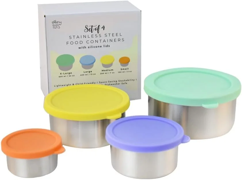 ظروف استیل اسنک، درب های سیلیکونی ضد نشت با باز کردن آسان، جعبه ناهار قابل چیدن برای کودکان نوپا، آماده سازی غذا، ظروف اسنک قابل استفاده مجدد برای کودکان و بزرگسالان - مجموعه 4 عددی: 3oz، 7oz، 13oz، 22oz