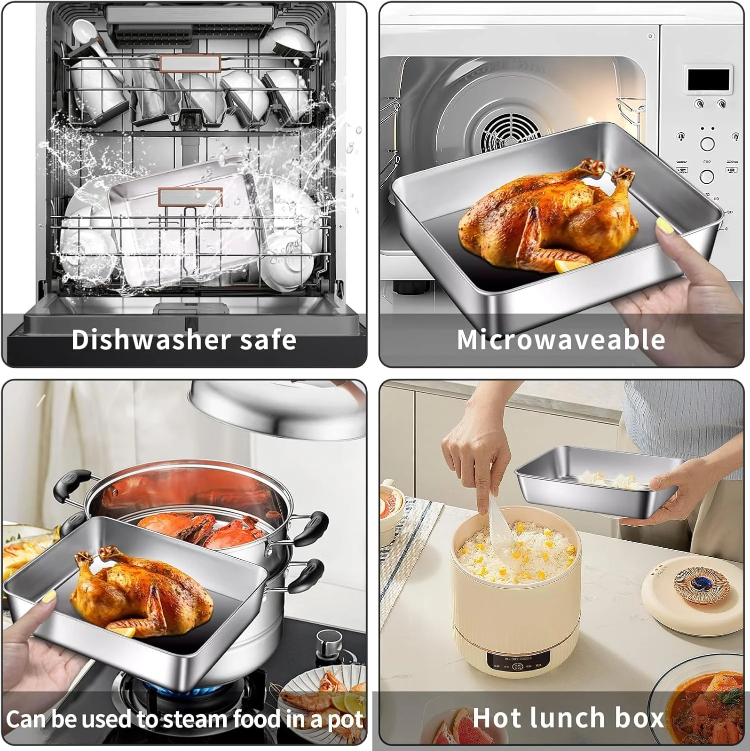 ظروف غذای استیل ضد زنگ با درب (3 ست)، ست قابل انباشتن Azonee برای فریزر و فر، نگهداری مواد غذایی آشپزخانه با روکش های شفاف، قابل استفاده مجدد و قابل شستشو در ماشین ظرفشویی