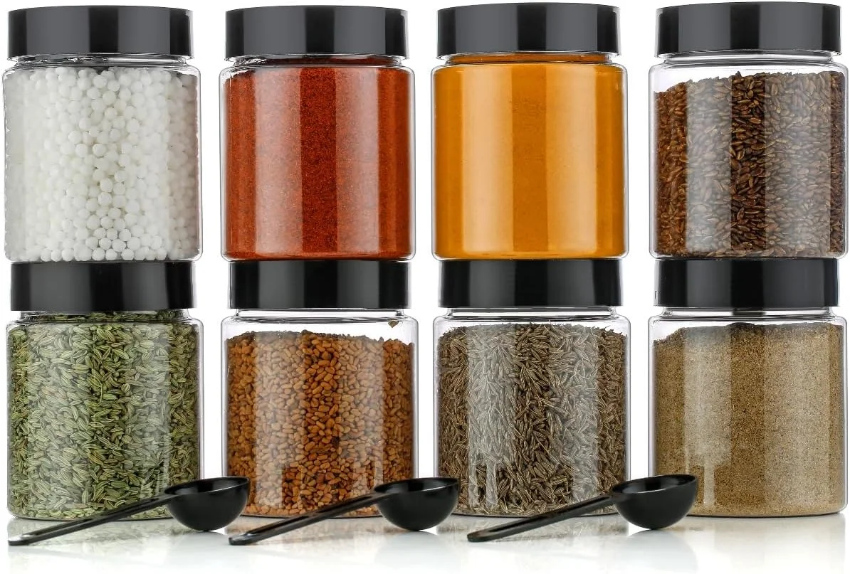 ظروف نگهداری چند منظوره پلاستیکی نشکن و شفاف برند SR برای آشپزخانه، جعبه ادویه جات درب دار، ظرف ادویه، غلات، میوه های خشک، جعبه ادویه 250 میلی لیتری گرد به همراه قاشق (ست 6 عددی)