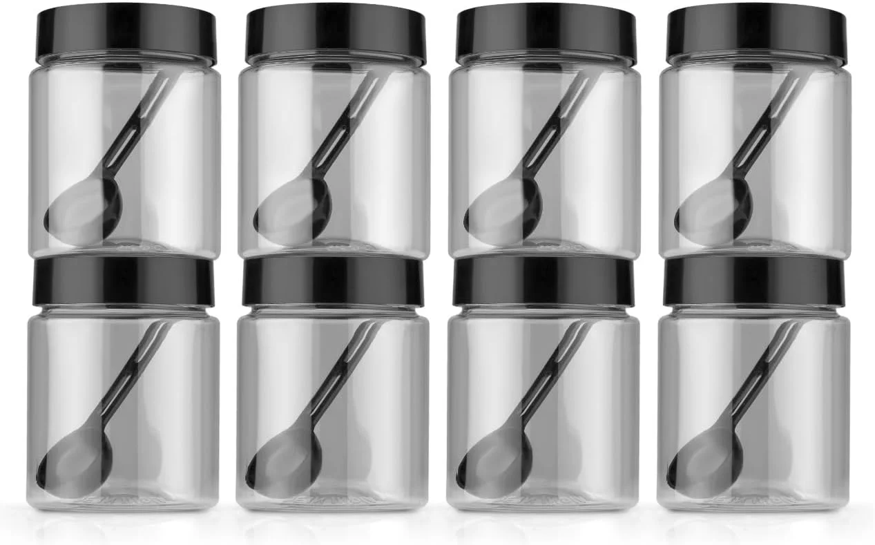 ظروف نگهداری چند منظوره پلاستیکی نشکن و شفاف برند SR برای آشپزخانه، جعبه ادویه جات درب دار، ظرف ادویه، غلات، میوه های خشک، جعبه ادویه 250 میلی لیتری گرد به همراه قاشق (ست 6 عددی)