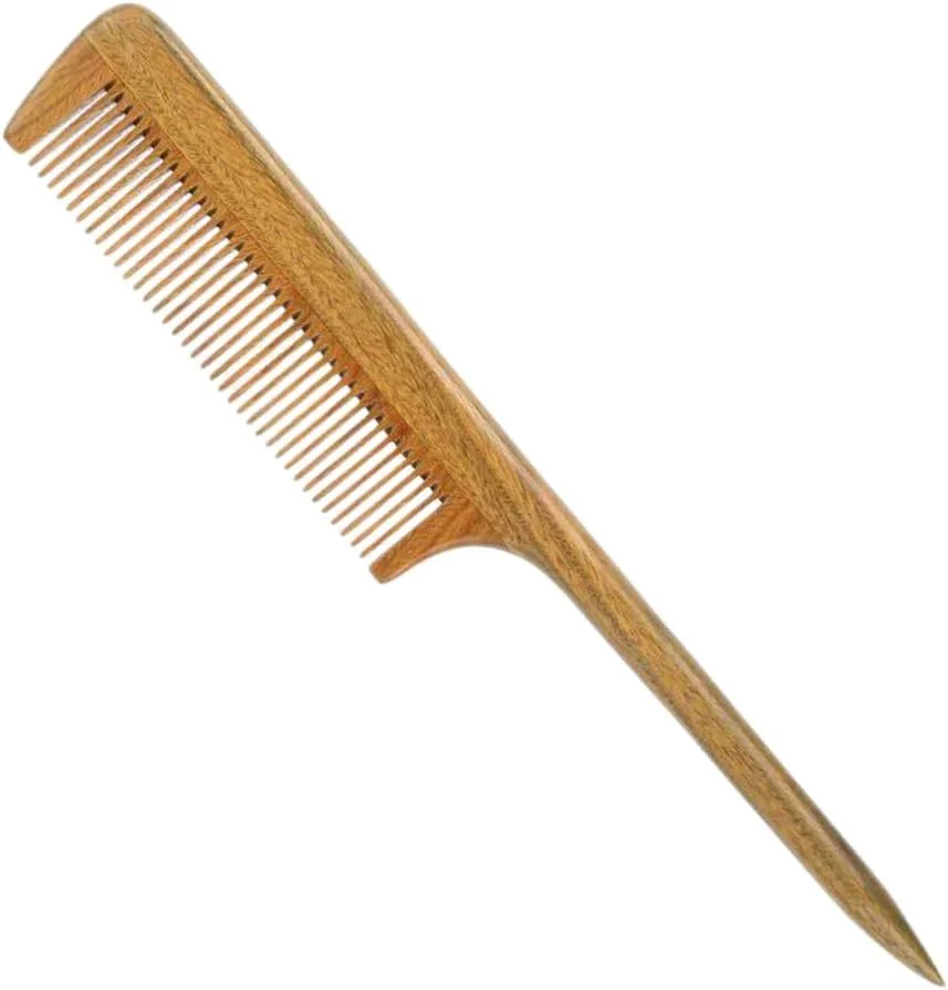 شانه چوبی دم باریک بدون الکتریسیته ساکن، شانه موی چوب صندل سبز طبیعی، شانه جیبی دم موشی برای آرایشگاه، منزل، مسافرت، هدیه