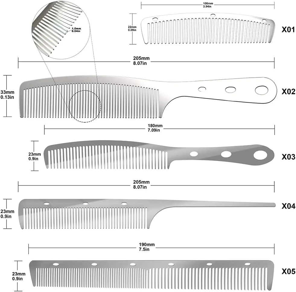 دبلیو پی اس ست 5 عددی شانه های فلزی ضد الکتریسیته ساکن آرایشگری، شانه های استیل ضد زنگ برای آرایش مو، ست شانه های باز کننده گره مو، شانه حالت دهنده مو برای آقایان و بانوان سالن