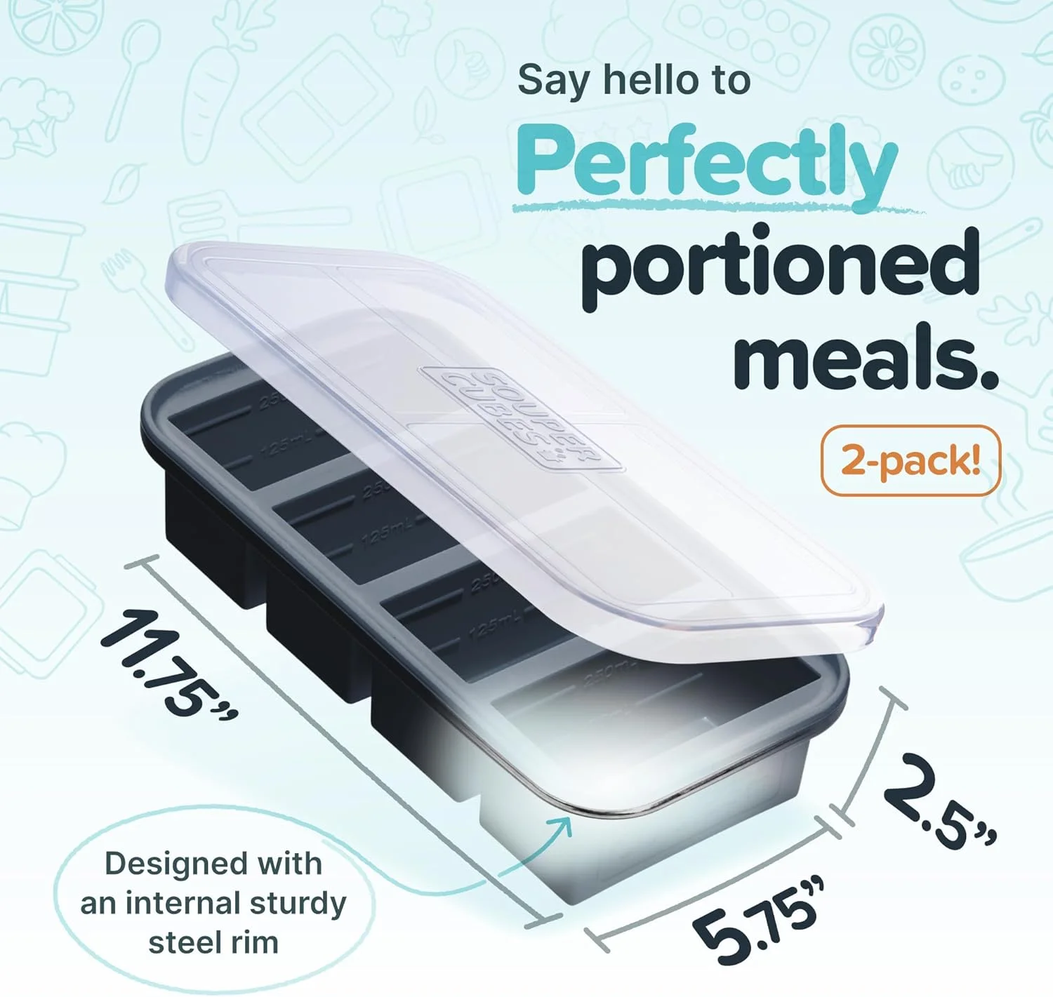 سینی فریزر سیلیکونی 1 پیمانه Souper Cubes با درب - راه حل آسان برای آماده سازی غذا و نگهداری در آشپزخانه - قالب های سیلیکونی برای نگهداری سوپ و غذا - زغالی - بسته 2 عددی