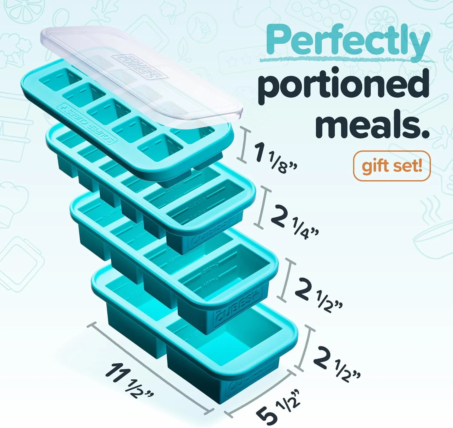 ست هدیه سوپر کیوبز - ست آشپزخانه با سینی های سیلیکونی فریزر 2 قاشق غذاخوری، 1/2 فنجان، 1 فنجان و 2 فنجان با درب - راه حل های آماده سازی غذا و نگهداری در آشپزخانه - آبی
