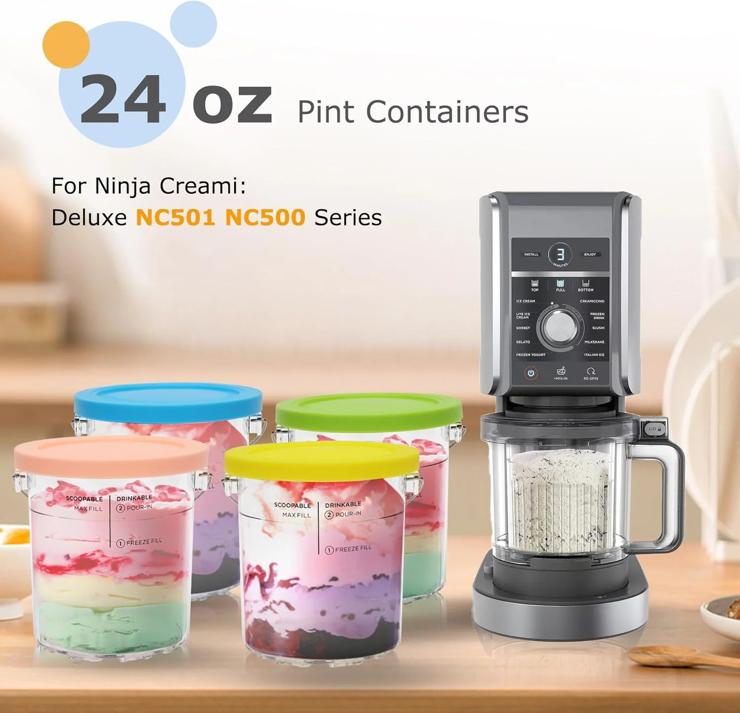 ظروف بستنی ساز نینجا کریمی دلوکس - بسته 4 عددی، مناسب برای مدل های NC500 NC501، ظرف بستنی ساز نینجا دلوکس، مناسب برای نگهداری 710 میلی لیتر مواد غذایی، قابل شستشو در ماشین ظرفشویی