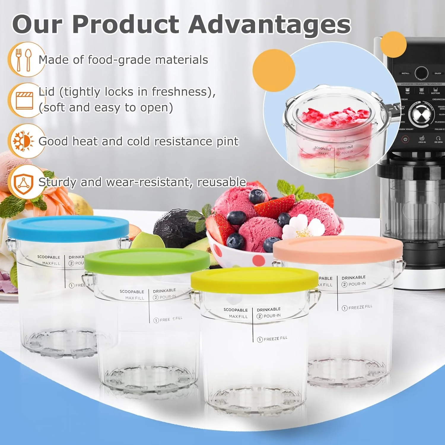 ظروف بستنی ساز نینجا کریمی دلوکس - بسته 4 عددی، مناسب برای مدل های NC500 NC501، ظرف بستنی ساز نینجا دلوکس، مناسب برای نگهداری 710 میلی لیتر مواد غذایی، قابل شستشو در ماشین ظرفشویی