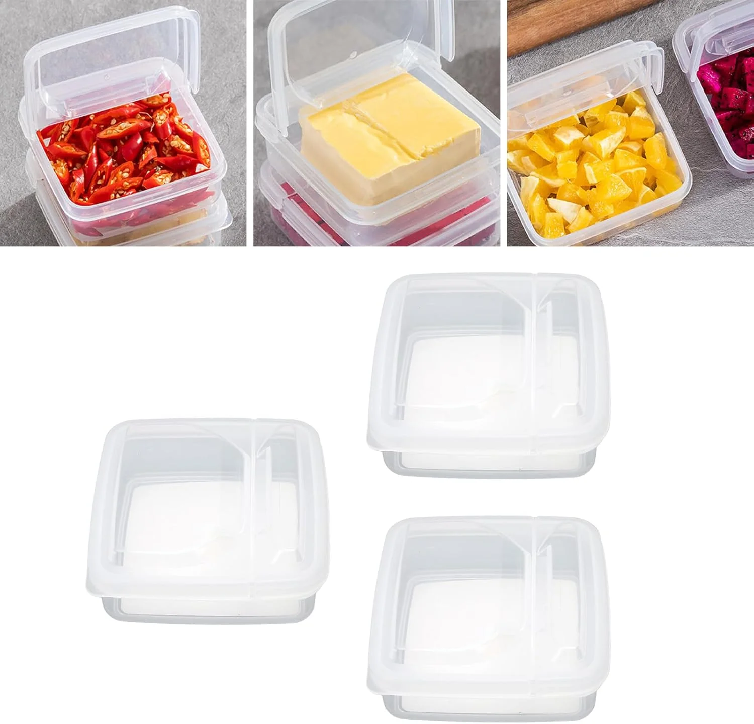 ظرف نگهداری پنیر ورقه ای سوراندی، بسته 3 عددی ظروف نگهداری پنیر با درب لولایی برای یخچال، جعبه نگهداری پنیر بلوکی پلاستیکی شفاف، ظرف نگهداری مواد غذایی قابل حمل در فریزر