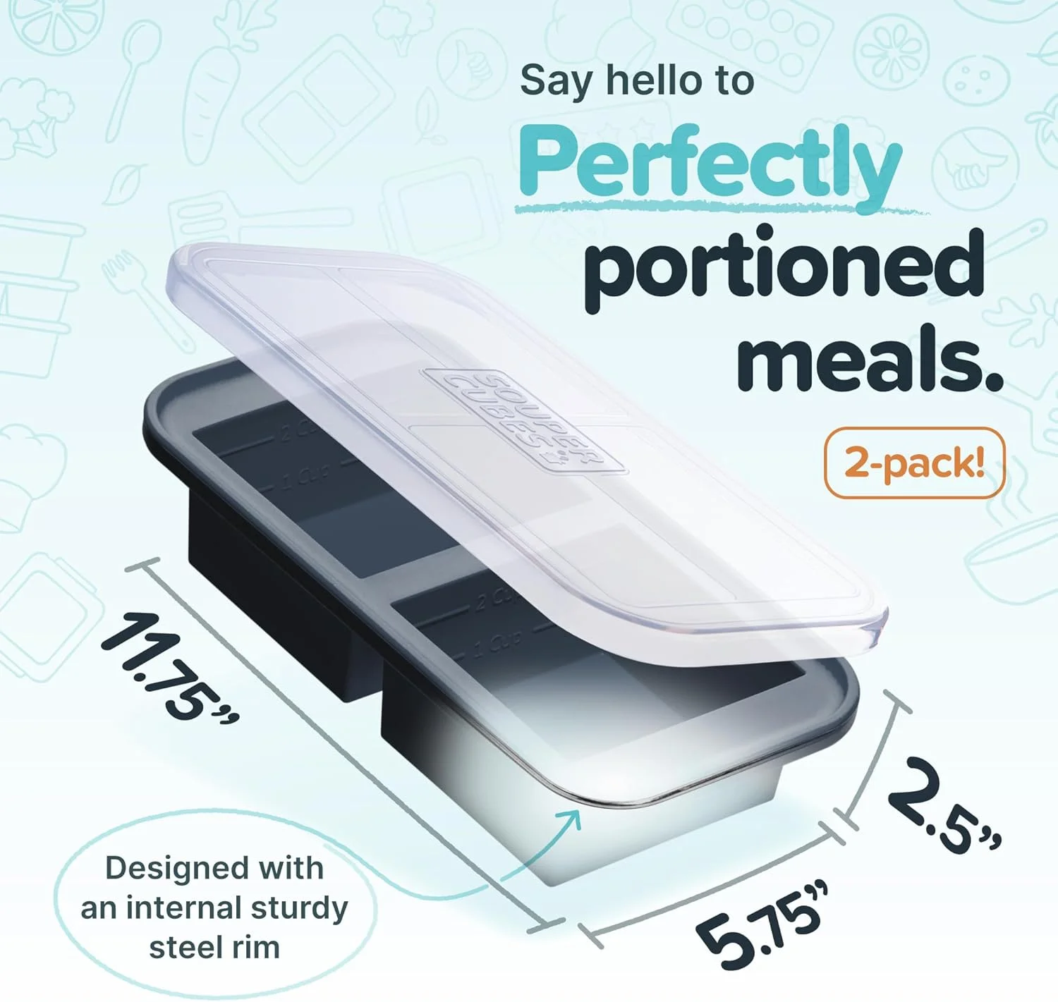 ظرف سیلیکونی 2 پیمانه سوپر کیوبز با درب - ظرف آماده سازی آسان غذا و راه حل نگهداری در آشپزخانه - قالب سیلیکونی برای نگهداری سوپ و غذا - زغالی - بسته 2 عددی