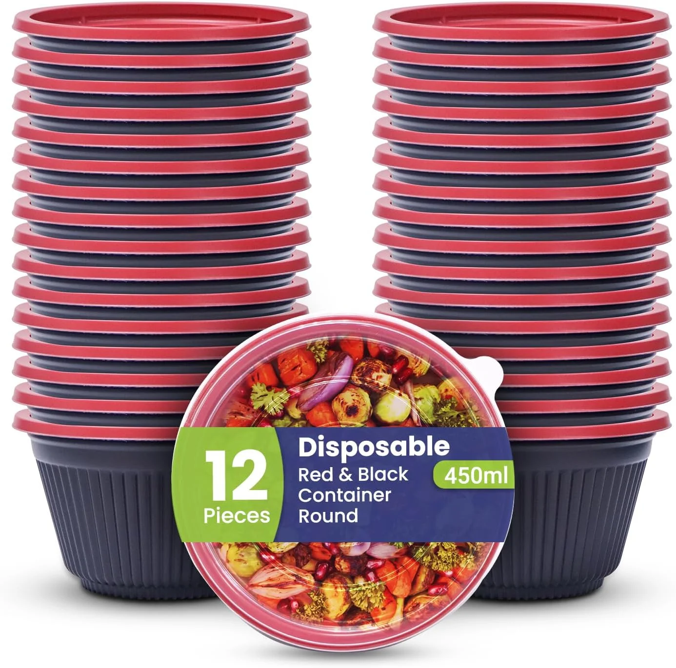 ظروف پلاستیکی گرد اس ان اچ پکینگ 12 عددی با درب - کاسه های آماده سازی غذا 450 میلی لیتری مشکی و قرمز | قابل استفاده مجدد، یکبار مصرف، ضد نشت، بدون BPA، ظروف نگهداری مواد غذایی برای بیرون بر - قابل استفاده در مایکروویو و فریزر