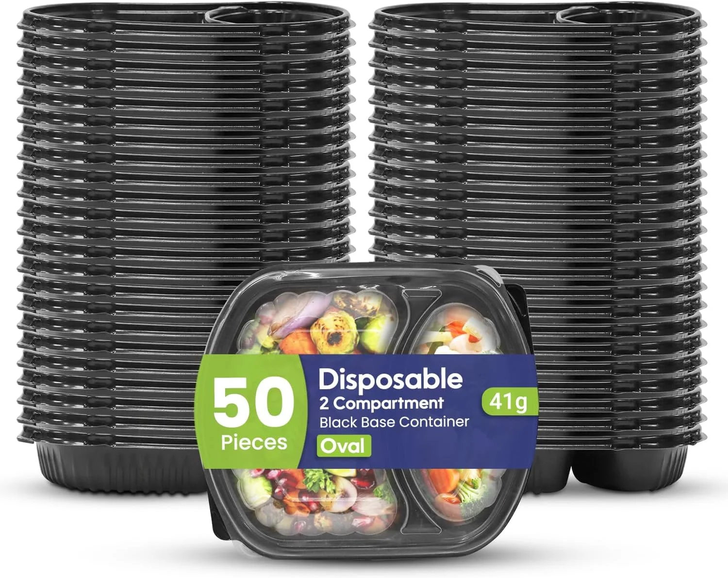 ظروف یکبار مصرف بسته بندی SNH، بسته 50 عددی، ظرف بیضی مشکی با درب - 2 محفظه، قابل استفاده در مایکروویو، فریزر و ماشین ظرفشویی، جعبه های نگهداری مواد غذایی ضد نشت