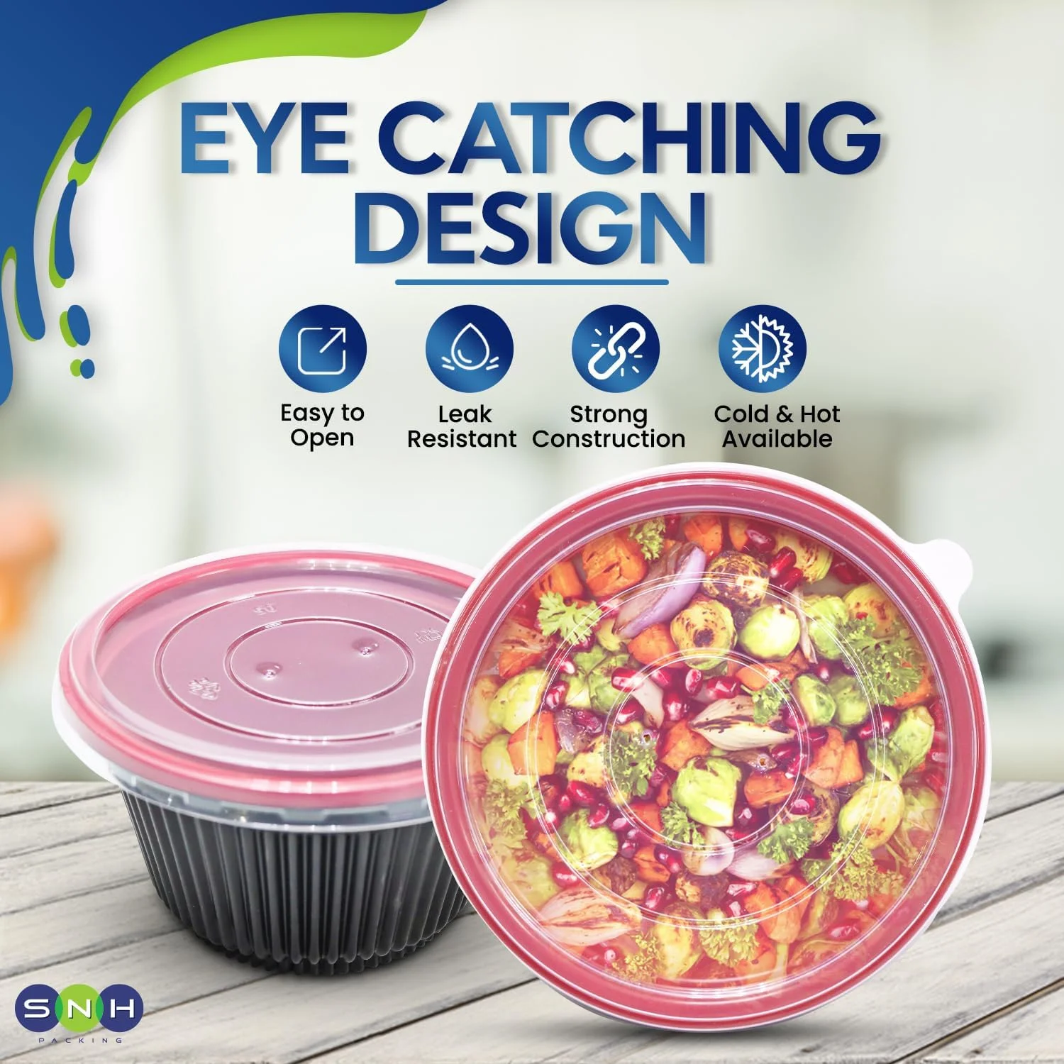 ظروف پلاستیکی گرد اس ان اچ پکینگ 12 عددی با درب - کاسه های آماده سازی غذا 450 میلی لیتری مشکی و قرمز | قابل استفاده مجدد، یکبار مصرف، ضد نشت، بدون BPA، ظروف نگهداری مواد غذایی برای بیرون بر - قابل استفاده در مایکروویو و فریزر