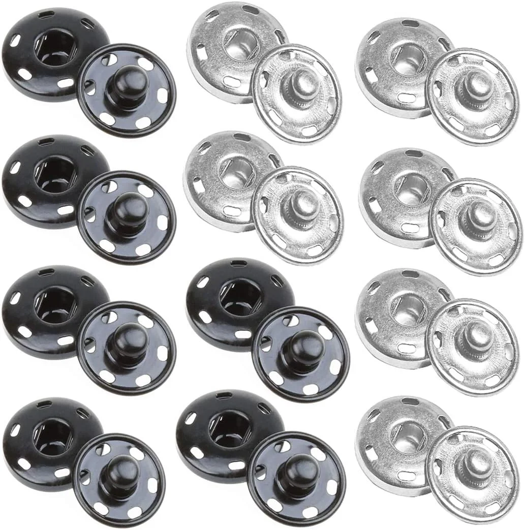 دکمه های فشاری بزرگ خیاطی JOSDIOX 25 میلی متری، دکمه های فلزی برای دوخت لباس، نقره ای و مشکی (12 ست)