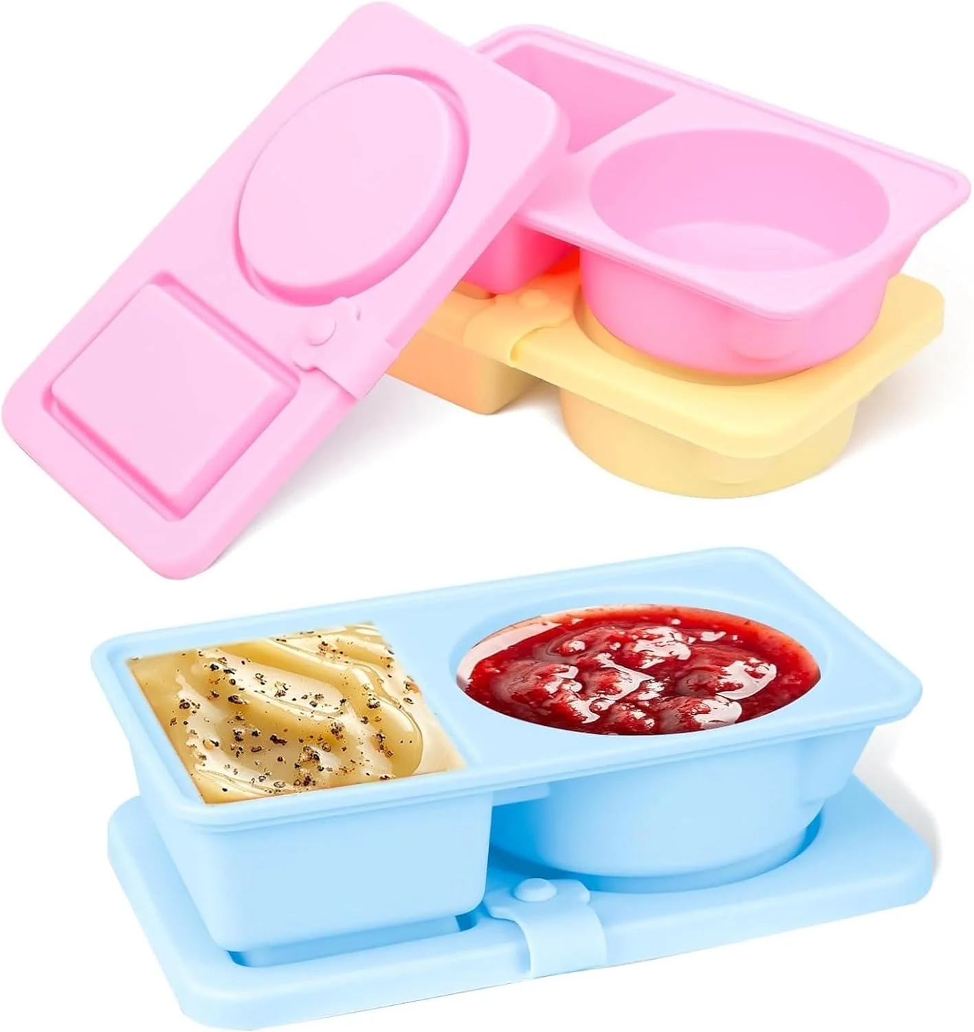 3 Pack Silicone Reusable Snack Containers with Lids,Small Mini Food Snack Boxs,Double Compartment Snackle Box,Silicone Condiment Containers with Lids for Travel, Office, Picnic