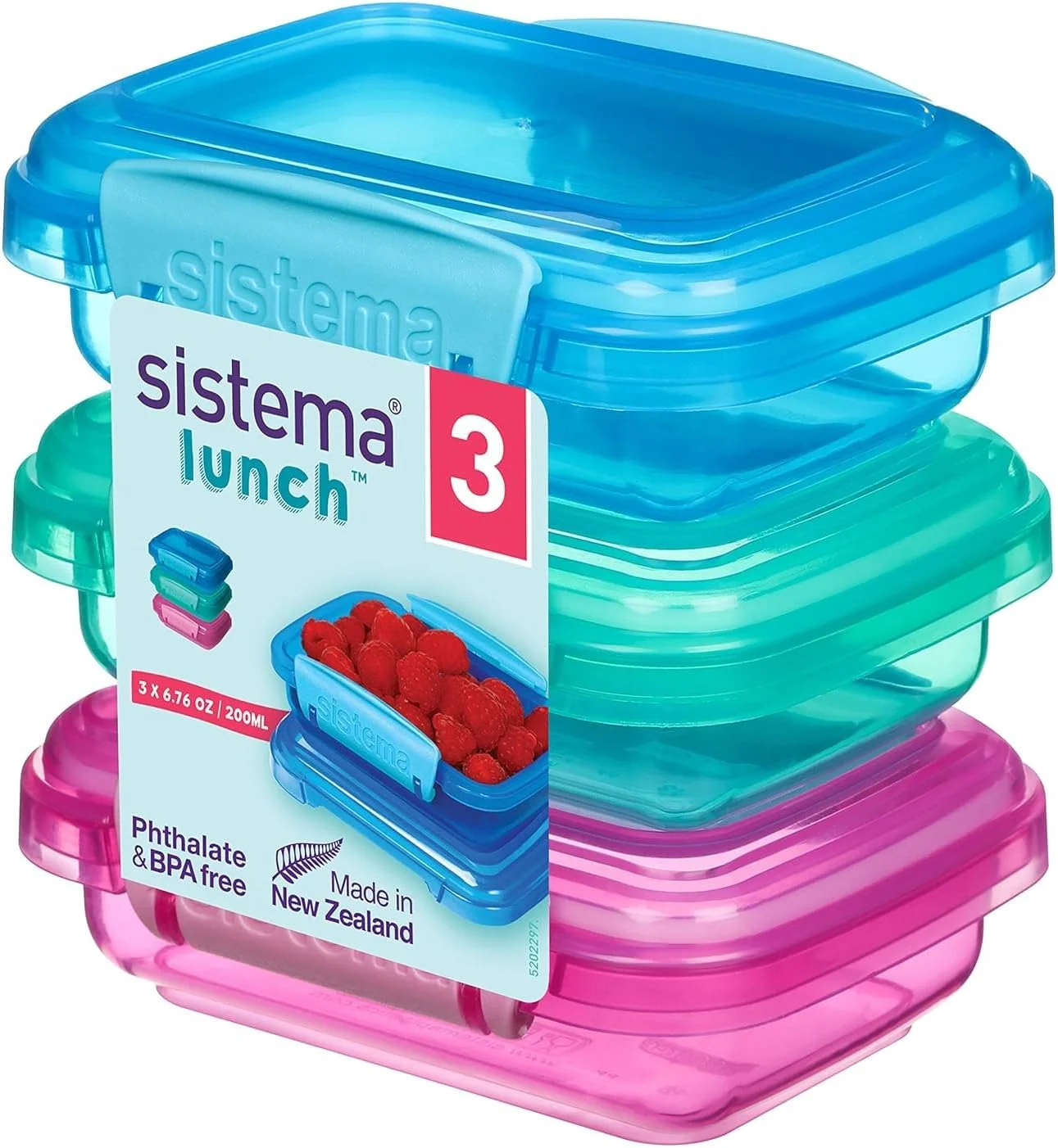 Sistema Lunch Food Storage Containers With Contrasting Clips, Green/Pink/Blue, 200 ml, Pack Of 3 6.7oz, 41524