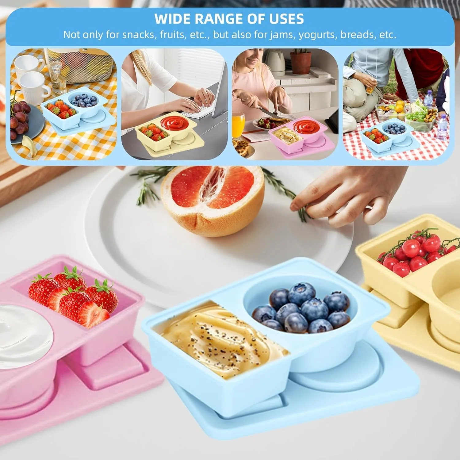 3 Pack Silicone Reusable Snack Containers with Lids,Small Mini Food Snack Boxs,Double Compartment Snackle Box,Silicone Condiment Containers with Lids for Travel, Office, Picnic