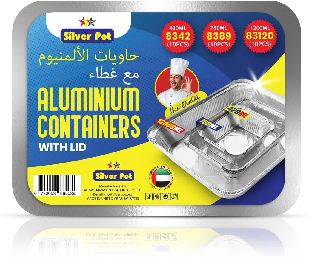 Silver Pot Disposable Aluminum Food Storage Containers – 30-Piece Set (10 x 420ml, 10 x 750ml, 10 x 1200ml) Containers with Lids – BPA-Free and Freezer Safe