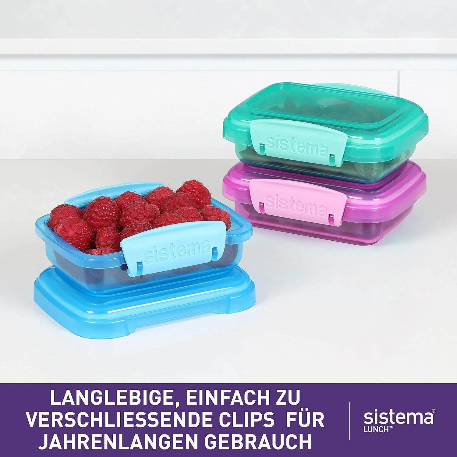 Sistema Lunch Food Storage Containers With Contrasting Clips, Green/Pink/Blue, 200 ml, Pack Of 3 6.7oz, 41524