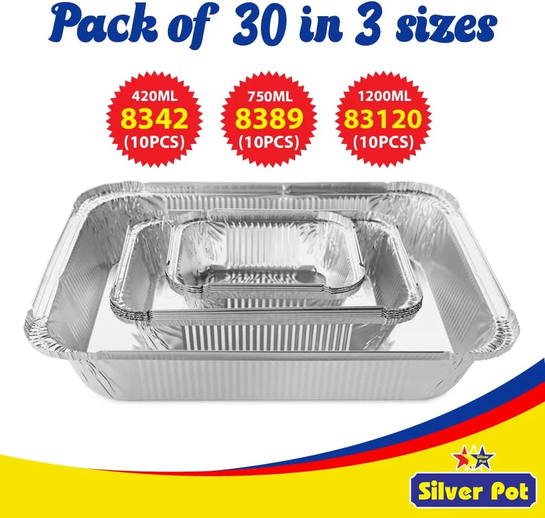 Silver Pot Disposable Aluminum Food Storage Containers – 30-Piece Set (10 x 420ml, 10 x 750ml, 10 x 1200ml) Containers with Lids – BPA-Free and Freezer Safe